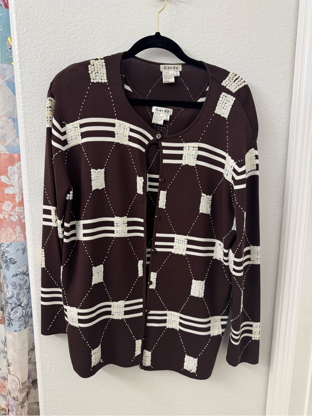 Gardy Brown & Cream Geometric Knit Cardigan Tank set XL Women’s vintage